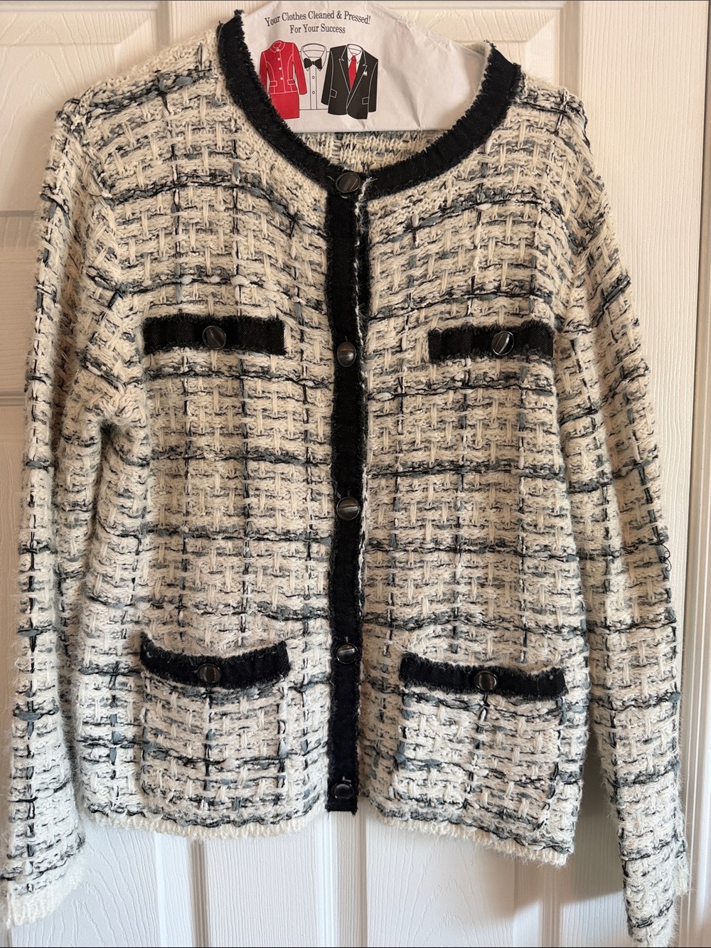 Sioni Cream and Black/blue Tweed Button-Front Sweater/Jacket